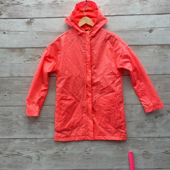 ASOS Bright Coral Rain Coat Jacket Lace Stylish Hooded Safety Running XS/S Euro - Picture 1 of 12